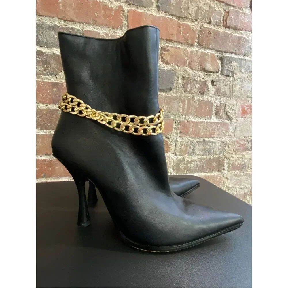 Fashion Nova Los Angeles Black Vegan Leather Stilettos Ankle Boots Gold Chain Bl
